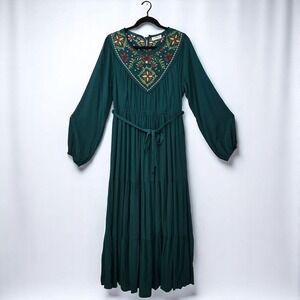 In loom Embroidered Woman Large Maxi Dress Tiered Green Boho Festival‎ Hippie